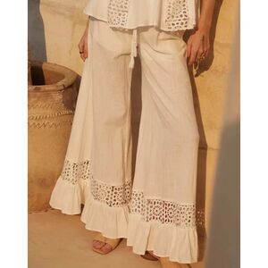 Mahina Lace Inlet Wide Leg Ruffle Trim Beach Lounge Pants White Size Large